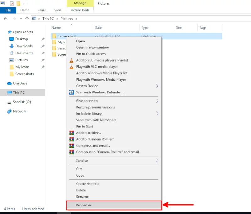 Opening a folder's properties on Windows 10 File Explorer