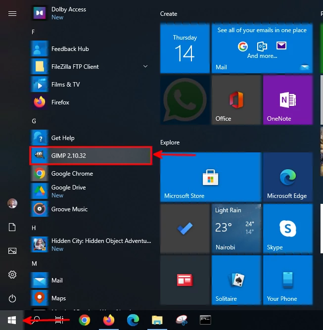 Opening GIMP via Windows Start menu