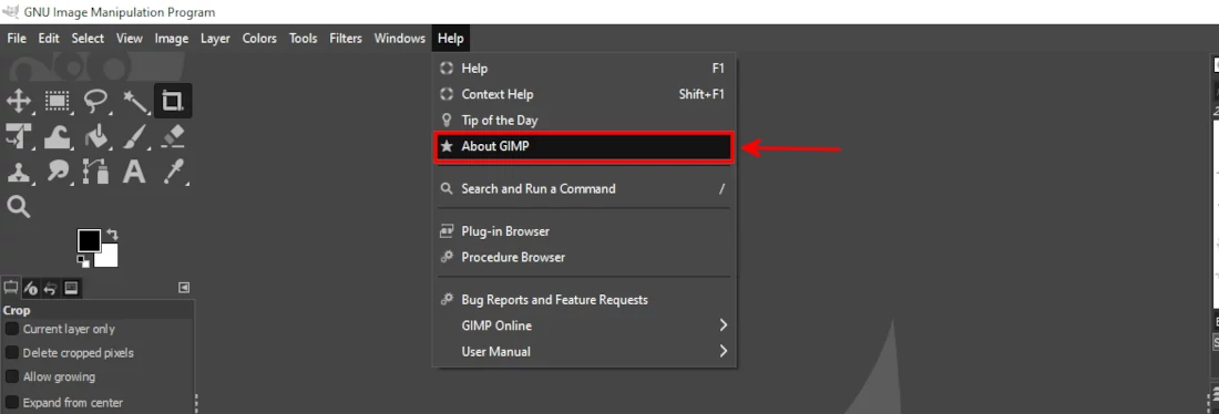 Opening GIMP About menu