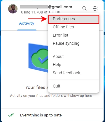 Opening Google Drive preferences