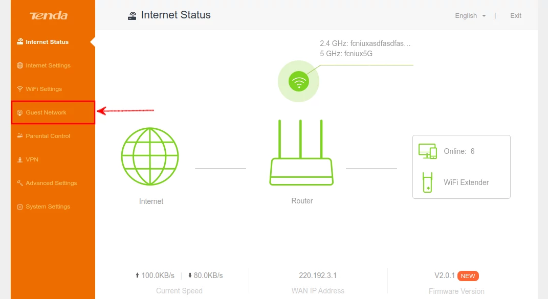 Opening Guest network page on Tenda AC10