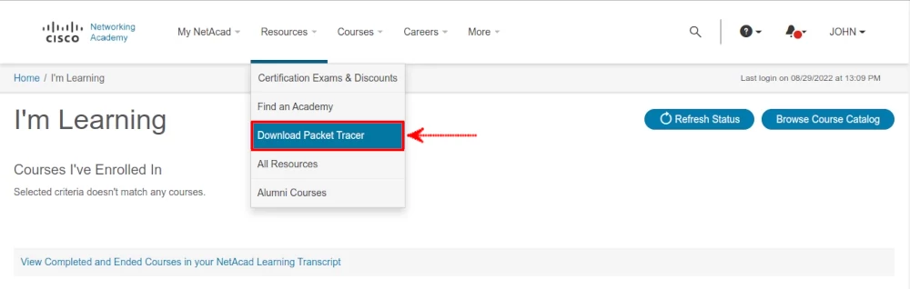 Opening Packet Tracer download page on Netcad