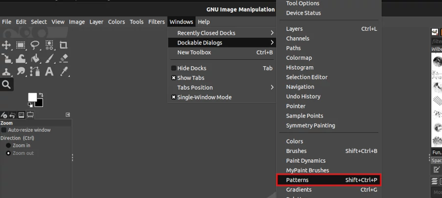 Opening patterns dockable dialog in GIMP