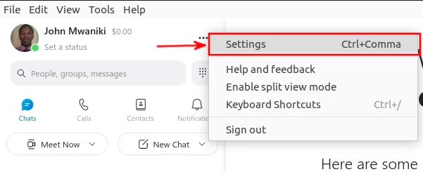 Opening settings in Skype