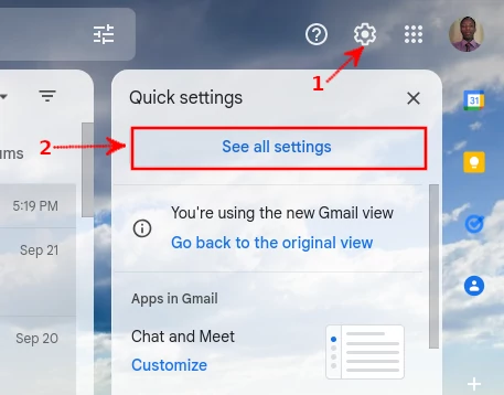Opening settings on Gmail web