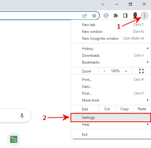 Opening settings on Google Chrome desktop