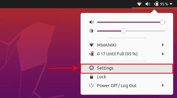 Opening settings on Ubuntu 20.04 via topbar
