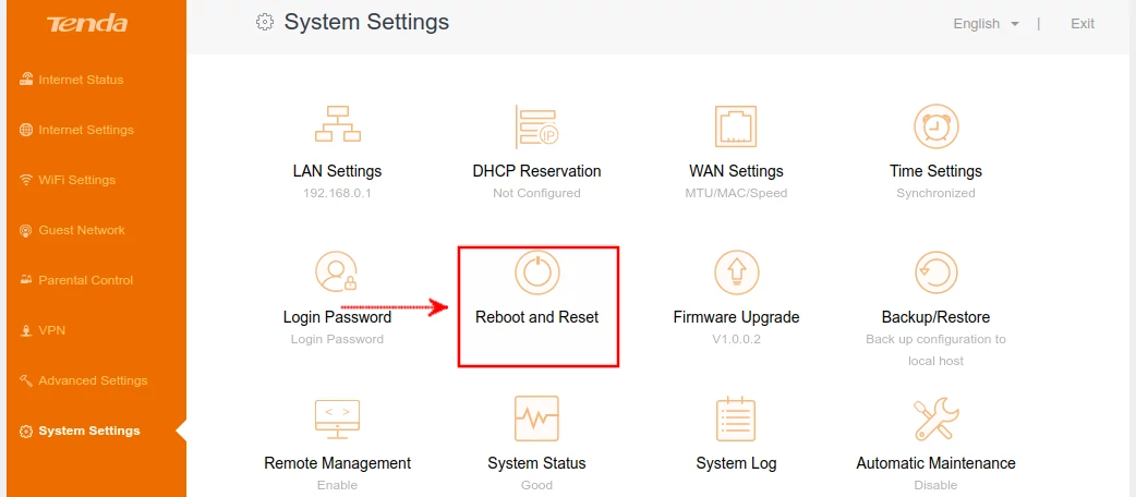 Opening Tenda AC10 router reboot and reset