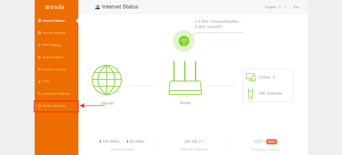 Opening Tenda AC10 router system settings