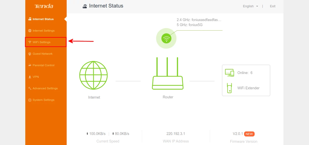 Opening WiFi Settings on Tenda AC10 router