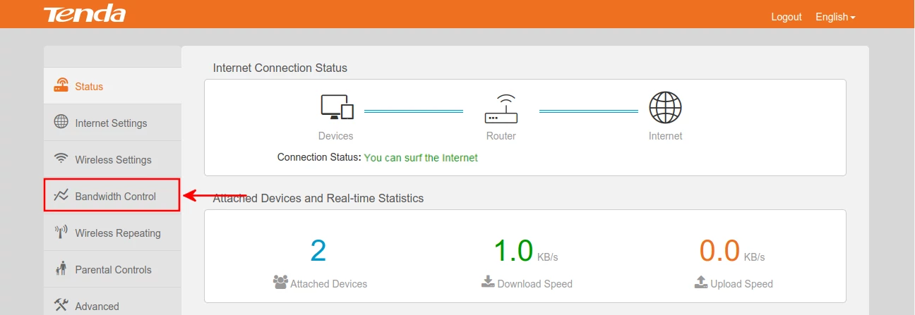 Opening Tenda F3 router bandwidth control