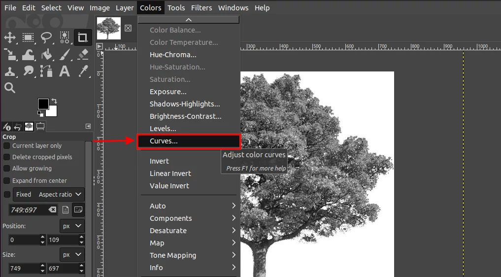 Opening the color curves option in GIMP