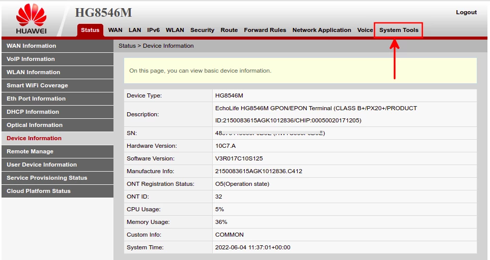 Opening the Huawei Echolife router system tools page