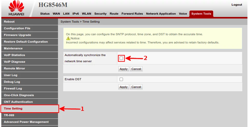 Opening the Huawei Echolife router time setting