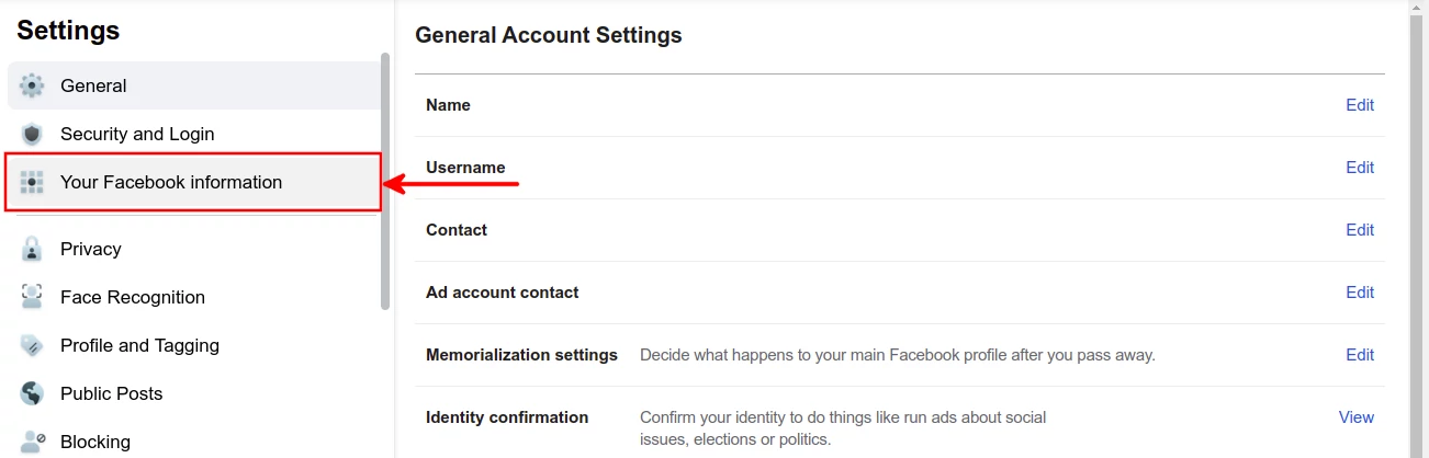Opening the your facebook information settings