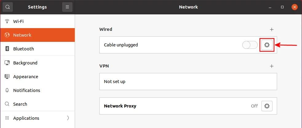 Opening Ubuntu settings for wired network