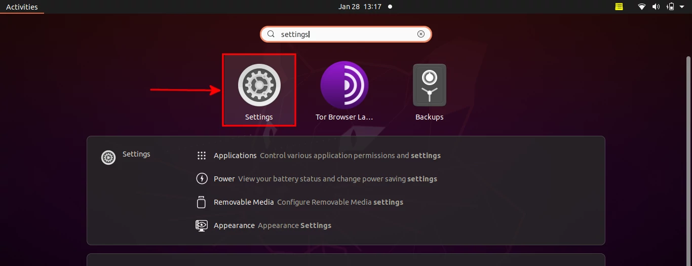 Opening the settings on Ubuntu
