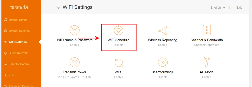 Opening WiFi Schedule on Tenda AC10 router