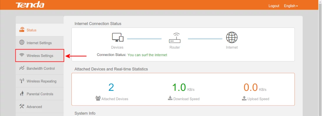 Opening wireless settings on Tenda F3