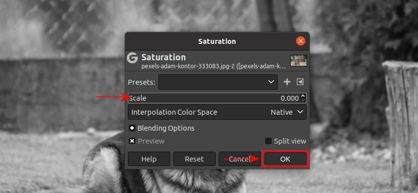 Removing an image color saturation in GIMP