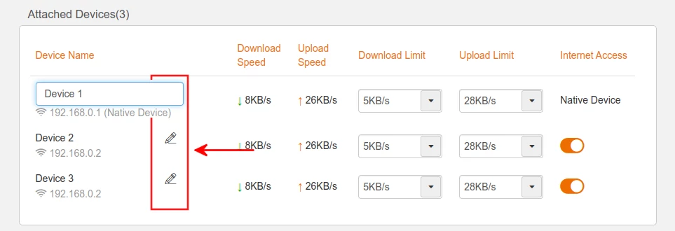 Renaming a device in Tenda F3 router