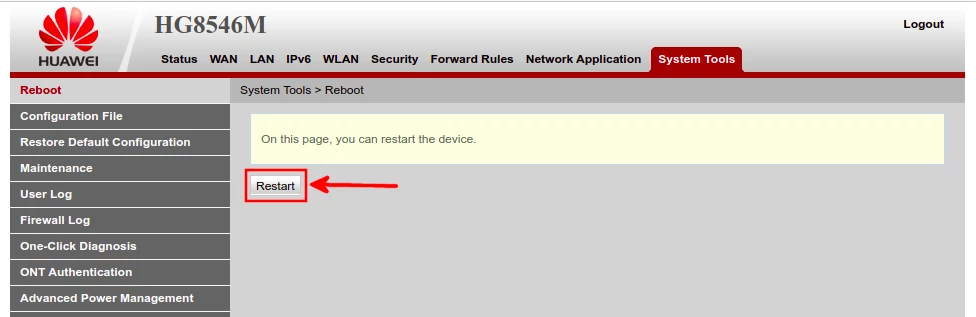 Restarting huawei echolife router via portal on pc