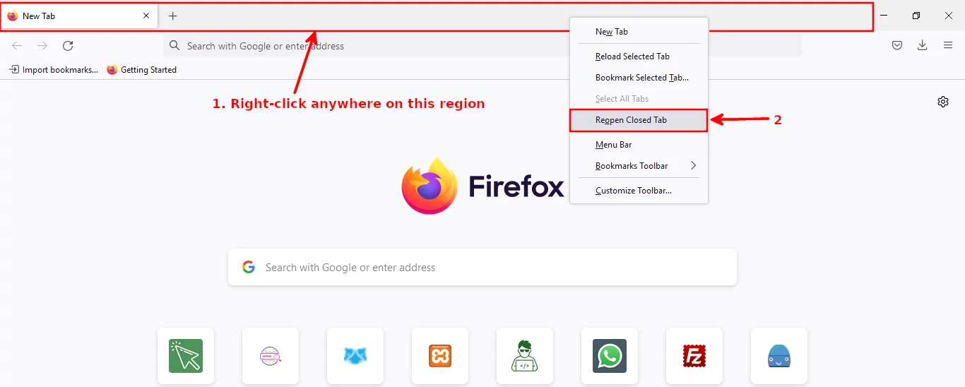 Restoring a closed tab in Firefox browser