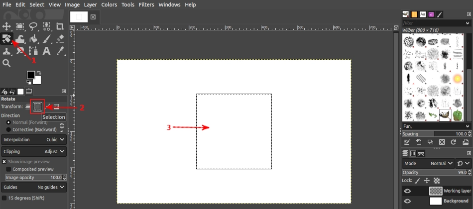 Rotating a square selection for octagon drawing in GIMP