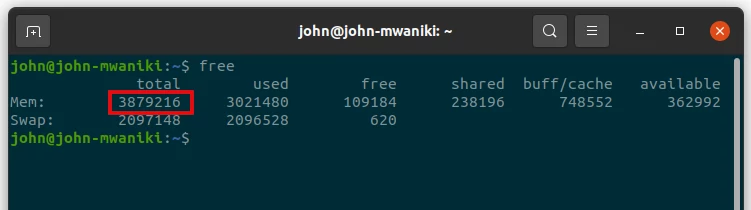 Running the free command on Linux