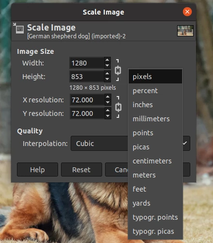 Scale Image dialog box units of measurement in GIMP