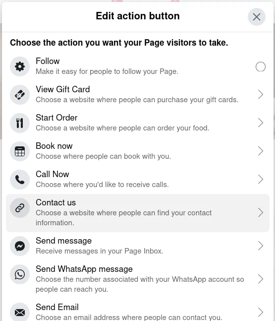 Select facebook page call-to-action