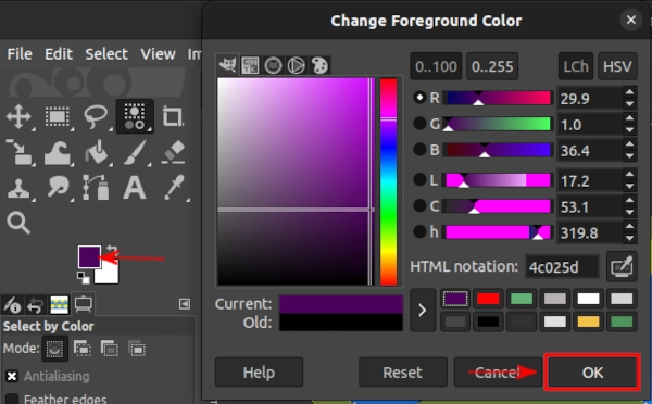 Selecting foreground color in GIMP