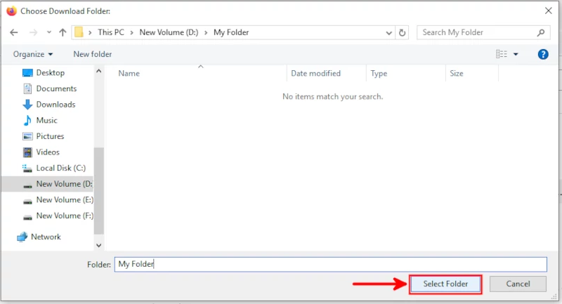 Selecting new download folder for firefox browser