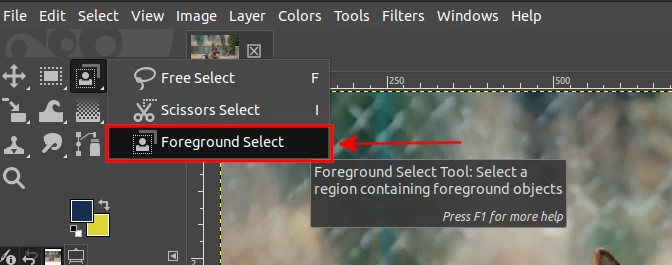 Selecting the foreground select tool in GIMP