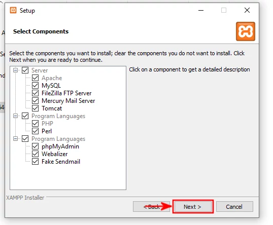 Selecting XAMPP components to install