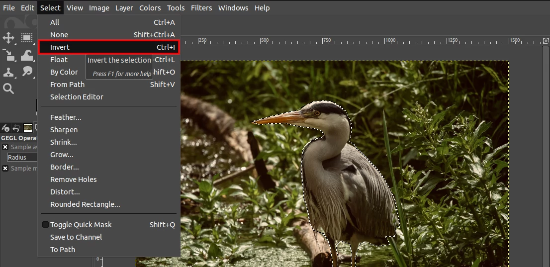 Inverting a selection on an image in GIMP