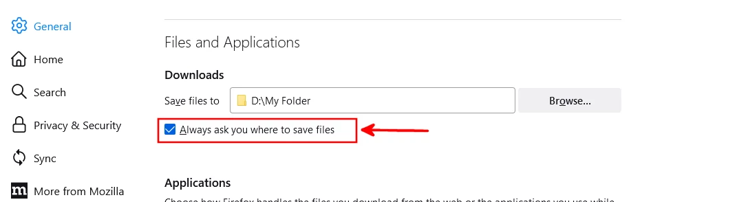 Setting firefox to ask you where to save files