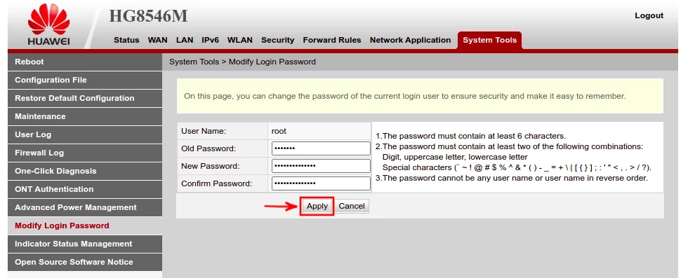 Setting new EchoLife HG8546M login password