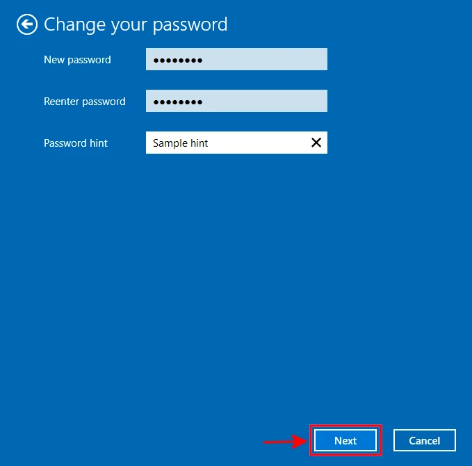 Setting new Windows account password