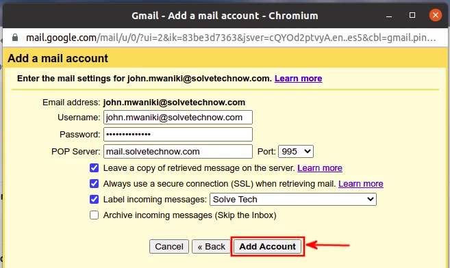 Mail settings for email reading from