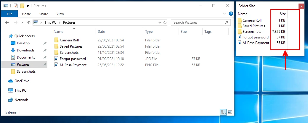 Showing folder and file sizes via Folder Size app