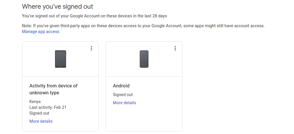 Signed out devices from Google Account