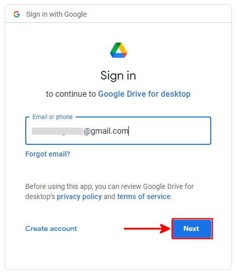 Signing in to Google Drive for desktop account