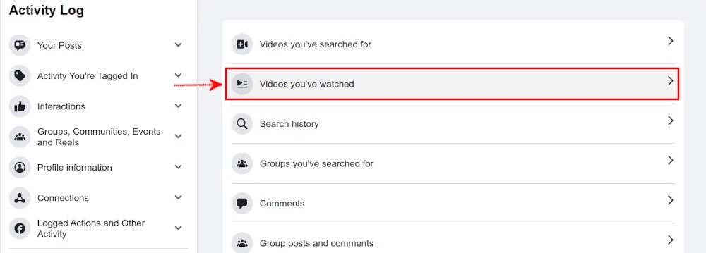 Step 3: Facebook videos watched option desktop
