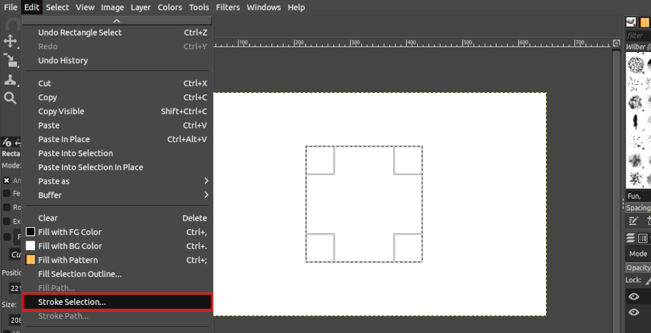 Stroking a square selection for octagon drawing in GIMP