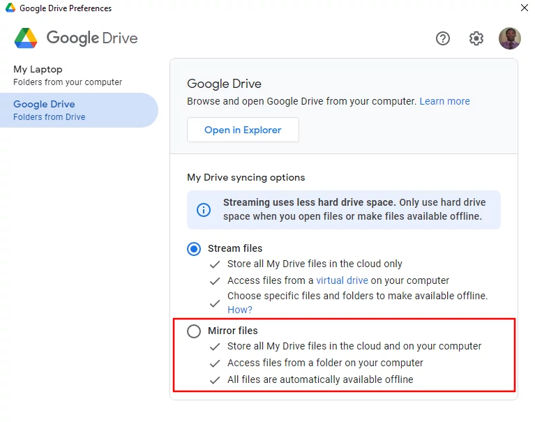 Switching to the mirror sync in Google Drive preferences