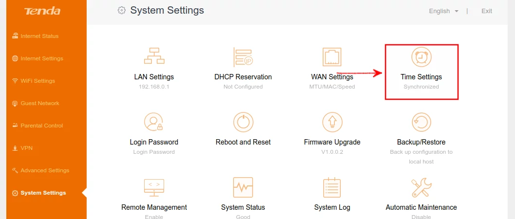 Tenda AC10 router Time settings