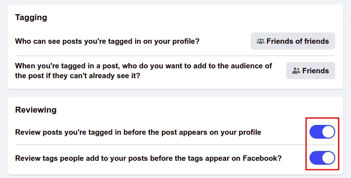 Turning facebook tags reviewing on