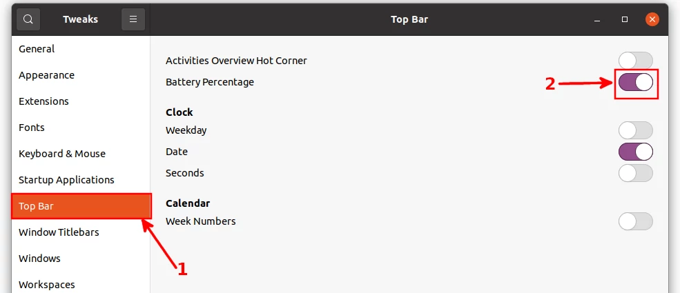 Turning on top bar battery percentage in GNOME tweaks app