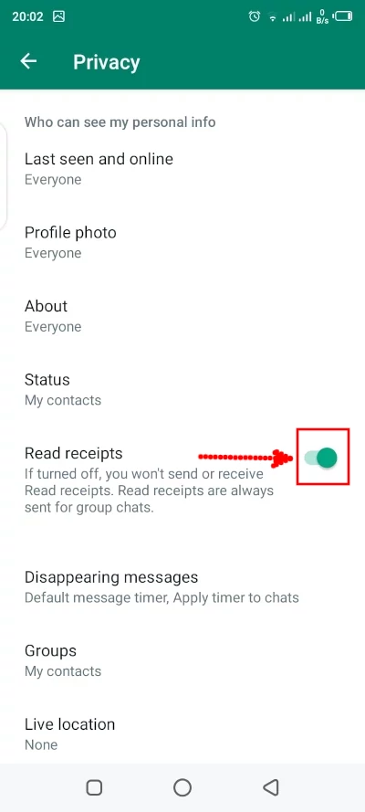Turning on WhatsApp message read receipts